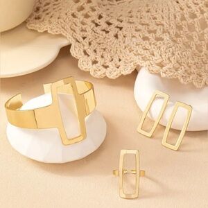 Elegant Adjustable Geometric Hollow Square Bangle, Earrings & Ring Set-4pc set
